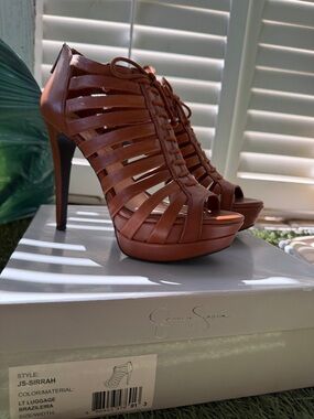 Jessica Simpson Luggage Brown Strappy Lace-Up Platform Heels
